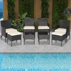 Including 4 Single chairs  2 Ottomans  2 Coffee tables  4 Single chair cushions  2 Ottoman cushions and Instruction<br>Will be shipped in 2 boxes so the arriving time may be different<br>Screw bag for the whole set is in box 1<br>Please avoid rain exposur
