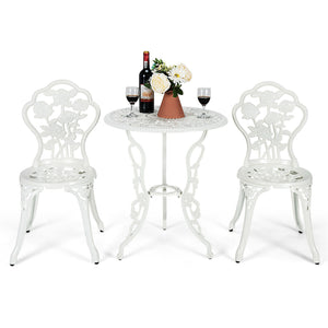 Choose rust-proof cast aluminum as the frame for lasting quality <br>The table can bear loading up to 100 lbs  while each chair to 250 lbs. <br>Channeling with rose to have a beautiful patio furniture set <br>Brings elegant and romantic sense to your cour
