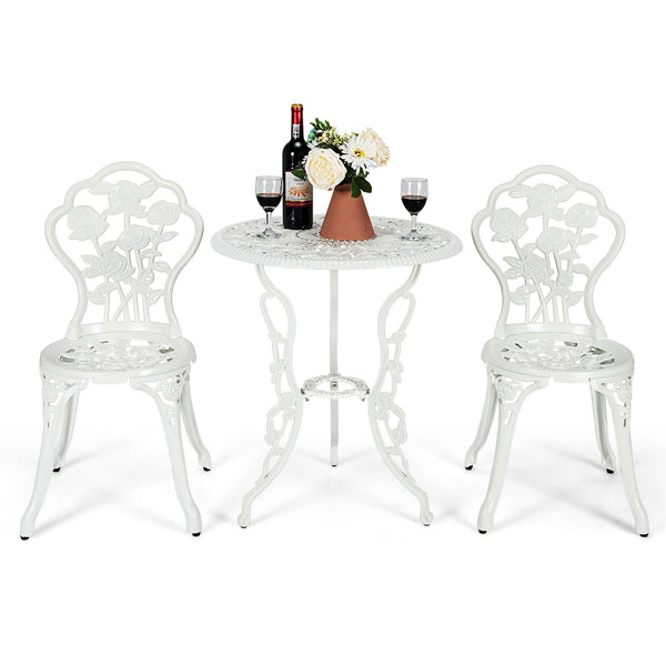 Choose rust-proof cast aluminum as the frame for lasting quality <br>The table can bear loading up to 100 lbs  while each chair to 250 lbs. <br>Channeling with rose to have a beautiful patio furniture set <br>Brings elegant and romantic sense to your cour