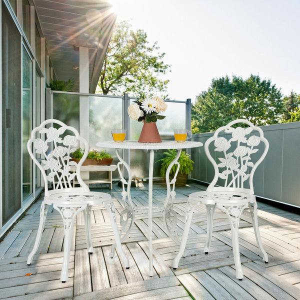Choose rust-proof cast aluminum as the frame for lasting quality <br>The table can bear loading up to 100 lbs  while each chair to 250 lbs. <br>Channeling with rose to have a beautiful patio furniture set <br>Brings elegant and romantic sense to your cour