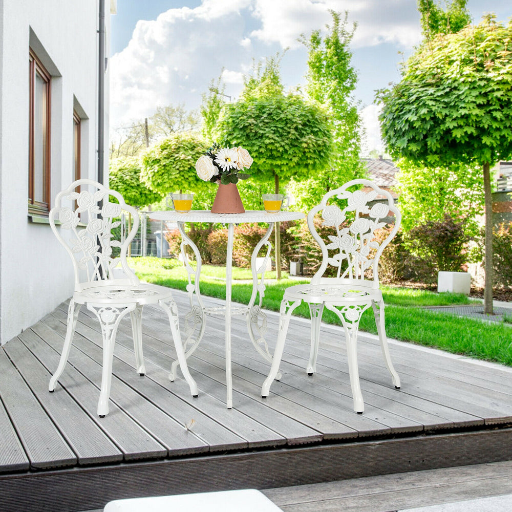 Choose rust-proof cast aluminum as the frame for lasting quality <br>The table can bear loading up to 100 lbs  while each chair to 250 lbs. <br>Channeling with rose to have a beautiful patio furniture set <br>Brings elegant and romantic sense to your cour