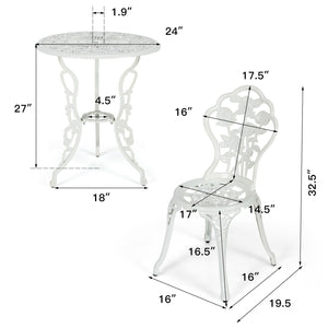 Choose rust-proof cast aluminum as the frame for lasting quality <br>The table can bear loading up to 100 lbs  while each chair to 250 lbs. <br>Channeling with rose to have a beautiful patio furniture set <br>Brings elegant and romantic sense to your cour