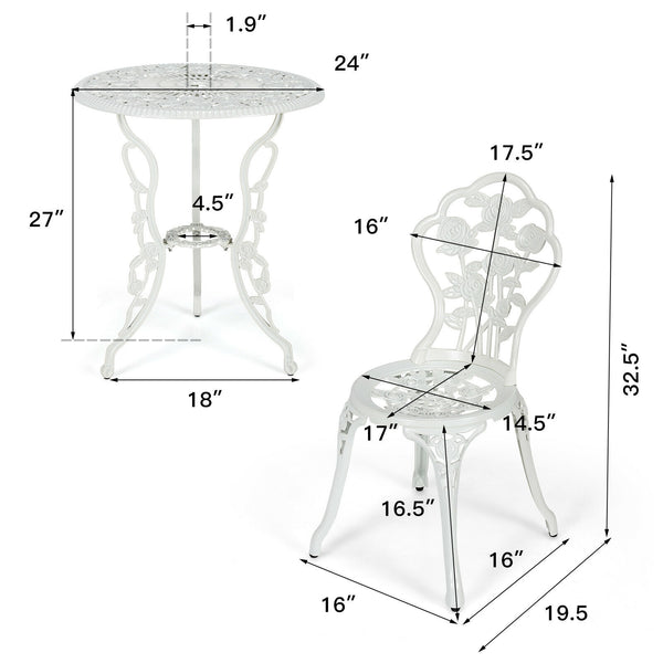 Choose rust-proof cast aluminum as the frame for lasting quality <br>The table can bear loading up to 100 lbs  while each chair to 250 lbs. <br>Channeling with rose to have a beautiful patio furniture set <br>Brings elegant and romantic sense to your cour