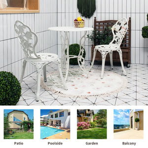 Choose rust-proof cast aluminum as the frame for lasting quality <br>The table can bear loading up to 100 lbs  while each chair to 250 lbs. <br>Channeling with rose to have a beautiful patio furniture set <br>Brings elegant and romantic sense to your cour
