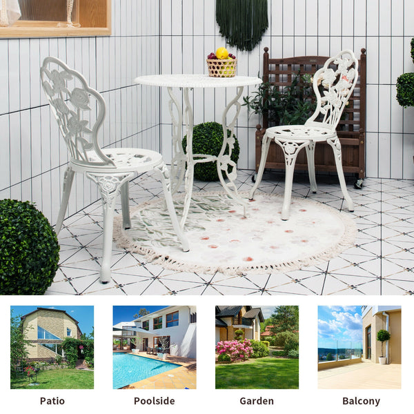 Choose rust-proof cast aluminum as the frame for lasting quality <br>The table can bear loading up to 100 lbs  while each chair to 250 lbs. <br>Channeling with rose to have a beautiful patio furniture set <br>Brings elegant and romantic sense to your cour