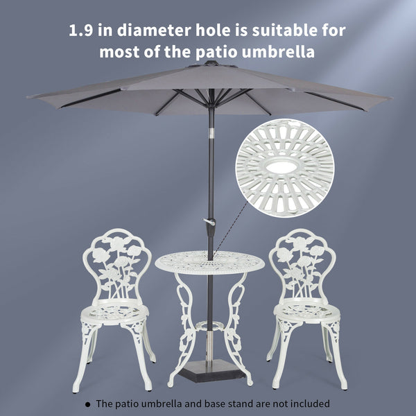 Choose rust-proof cast aluminum as the frame for lasting quality <br>The table can bear loading up to 100 lbs  while each chair to 250 lbs. <br>Channeling with rose to have a beautiful patio furniture set <br>Brings elegant and romantic sense to your cour