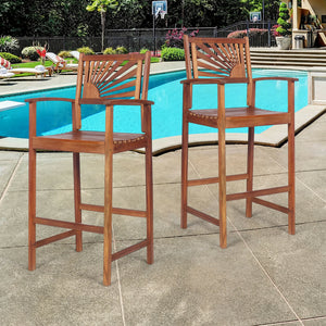Premium acacia wood is perfect for patio use <br>Stools are crafted naturally without harmful elements <br>Tightened connection ensures high stability <br>Horizontal bars and solid legs avoid wobbling <br>Comfortable seat effectively relieves your fatigue