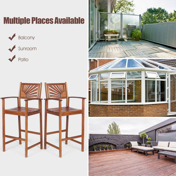 Premium acacia wood is perfect for patio use <br>Stools are crafted naturally without harmful elements <br>Tightened connection ensures high stability <br>Horizontal bars and solid legs avoid wobbling <br>Comfortable seat effectively relieves your fatigue