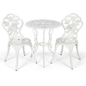 Choose rust-proof cast aluminum as the frame for lasting quality <br>The table can bear loading up to 100 lbs  while each chair to 250 lbs. <br>Channeling with rose to have a beautiful patio furniture set <br>Brings elegant and romantic sense to your cour
