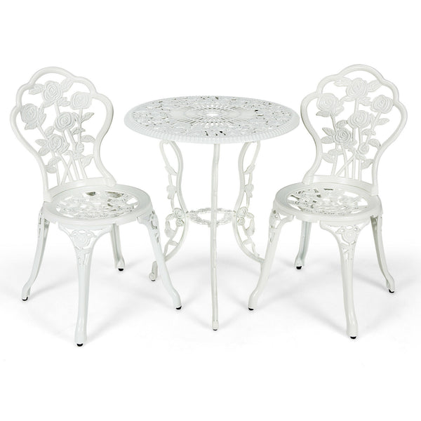 Choose rust-proof cast aluminum as the frame for lasting quality <br>The table can bear loading up to 100 lbs  while each chair to 250 lbs. <br>Channeling with rose to have a beautiful patio furniture set <br>Brings elegant and romantic sense to your cour