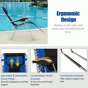 The zero gravity chair provides every customer with the most comfortable and secure way to enjoy life. Â  This heavy-duty lounge chair features a triangular support structure  which offers excellent stability for safe load-bearing. The reclining angle of 