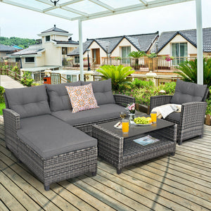 Weather-resistant PE rattan ensures durability<br>Reinforced steel frame enhances overall stability without deformation<br>Adjustable feet can prevent the floor from scratches and fit uneven ground<br>The coffee table with tempered glass top can hold food