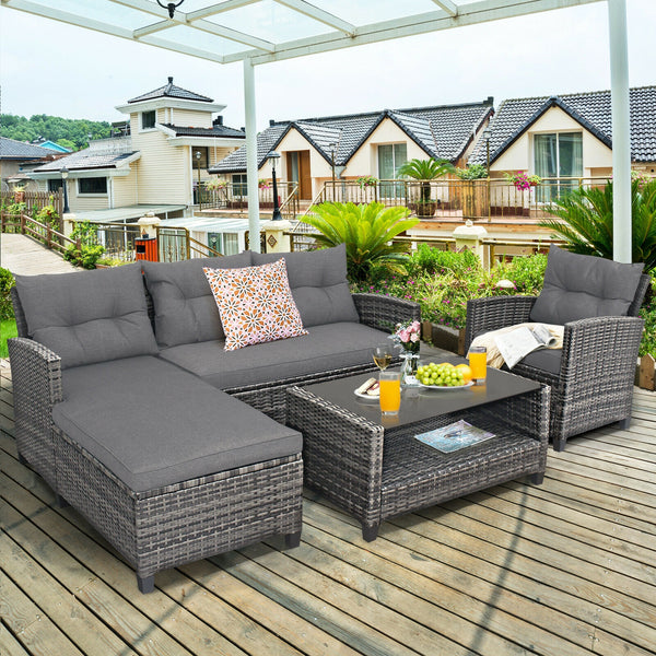 Weather-resistant PE rattan ensures durability<br>Reinforced steel frame enhances overall stability without deformation<br>Adjustable feet can prevent the floor from scratches and fit uneven ground<br>The coffee table with tempered glass top can hold food