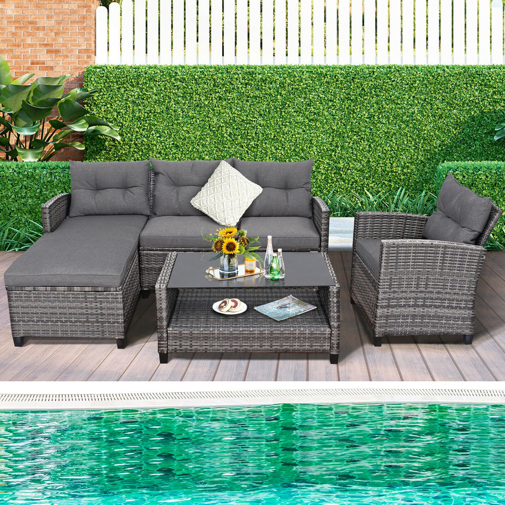 Weather-resistant PE rattan ensures durability<br>Reinforced steel frame enhances overall stability without deformation<br>Adjustable feet can prevent the floor from scratches and fit uneven ground<br>The coffee table with tempered glass top can hold food