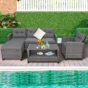 Weather-resistant PE rattan ensures durability<br>Reinforced steel frame enhances overall stability without deformation<br>Adjustable feet can prevent the floor from scratches and fit uneven ground<br>The coffee table with tempered glass top can hold food