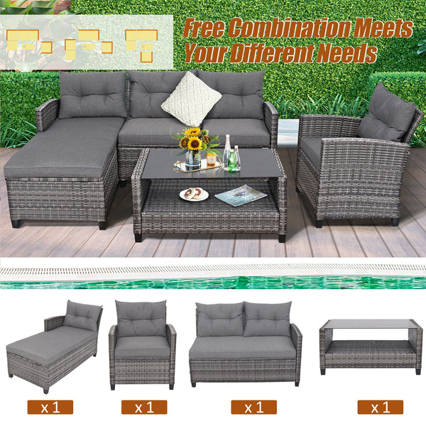 Weather-resistant PE rattan ensures durability<br>Reinforced steel frame enhances overall stability without deformation<br>Adjustable feet can prevent the floor from scratches and fit uneven ground<br>The coffee table with tempered glass top can hold food