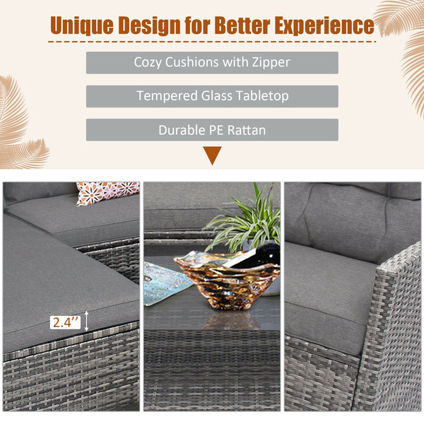 Weather-resistant PE rattan ensures durability<br>Reinforced steel frame enhances overall stability without deformation<br>Adjustable feet can prevent the floor from scratches and fit uneven ground<br>The coffee table with tempered glass top can hold food
