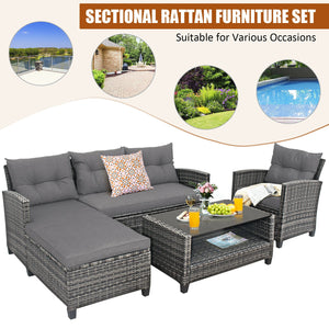 Weather-resistant PE rattan ensures durability<br>Reinforced steel frame enhances overall stability without deformation<br>Adjustable feet can prevent the floor from scratches and fit uneven ground<br>The coffee table with tempered glass top can hold food