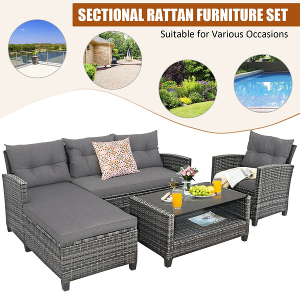 Weather-resistant PE rattan ensures durability<br>Reinforced steel frame enhances overall stability without deformation<br>Adjustable feet can prevent the floor from scratches and fit uneven ground<br>The coffee table with tempered glass top can hold food