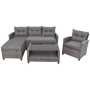 Weather-resistant PE rattan ensures durability<br>Reinforced steel frame enhances overall stability without deformation<br>Adjustable feet can prevent the floor from scratches and fit uneven ground<br>The coffee table with tempered glass top can hold food