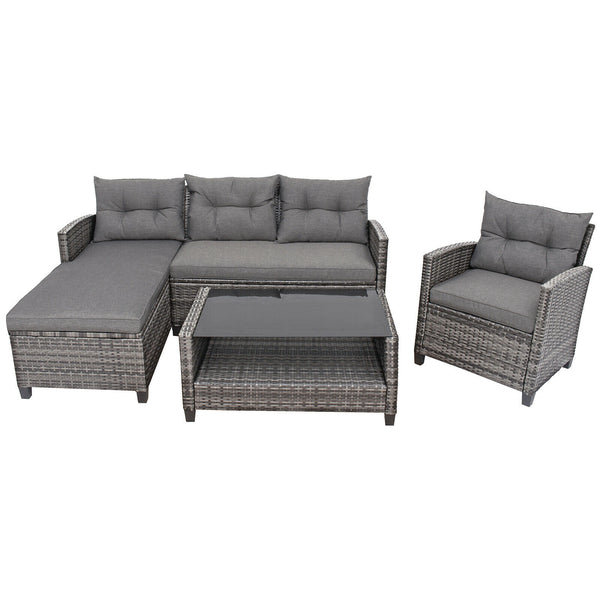 Weather-resistant PE rattan ensures durability<br>Reinforced steel frame enhances overall stability without deformation<br>Adjustable feet can prevent the floor from scratches and fit uneven ground<br>The coffee table with tempered glass top can hold food
