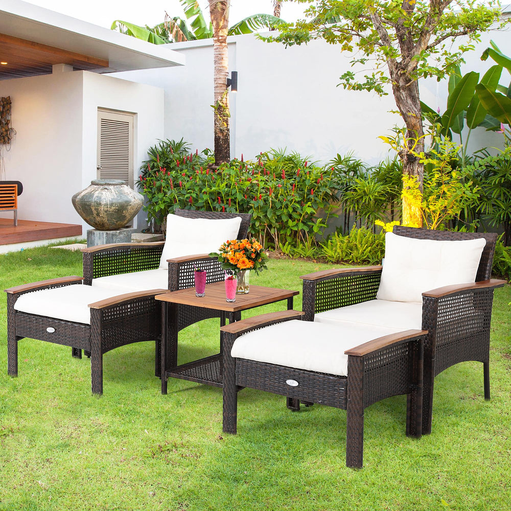 A nicer way to enjoy your outdoor leisure time with this 5-piece PE wicker patio furniture set! Â  Including 1 coffee table with an extra storage shelf  2 singles chairs with ergonomic design and 2 ottomans with removable cushions  this 5-piece outdoor co