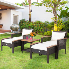 A nicer way to enjoy your outdoor leisure time with this 5-piece PE wicker patio furniture set! Â  Including 1 coffee table with an extra storage shelf  2 singles chairs with ergonomic design and 2 ottomans with removable cushions  this 5-piece outdoor co