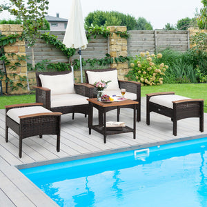 A nicer way to enjoy your outdoor leisure time with this 5-piece PE wicker patio furniture set! Â  Including 1 coffee table with an extra storage shelf  2 singles chairs with ergonomic design and 2 ottomans with removable cushions  this 5-piece outdoor co