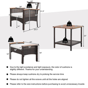 A nicer way to enjoy your outdoor leisure time with this 5-piece PE wicker patio furniture set! Â  Including 1 coffee table with an extra storage shelf  2 singles chairs with ergonomic design and 2 ottomans with removable cushions  this 5-piece outdoor co