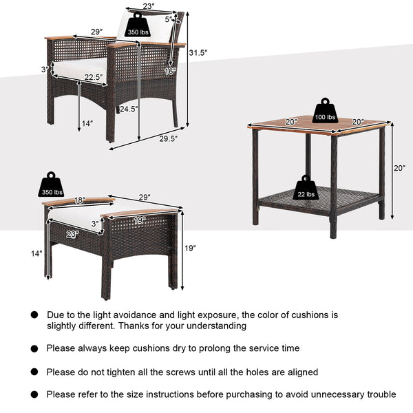 A nicer way to enjoy your outdoor leisure time with this 5-piece PE wicker patio furniture set! Â  Including 1 coffee table with an extra storage shelf  2 singles chairs with ergonomic design and 2 ottomans with removable cushions  this 5-piece outdoor co