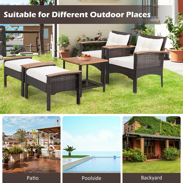 A nicer way to enjoy your outdoor leisure time with this 5-piece PE wicker patio furniture set! Â  Including 1 coffee table with an extra storage shelf  2 singles chairs with ergonomic design and 2 ottomans with removable cushions  this 5-piece outdoor co