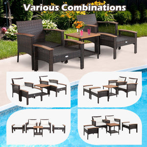 A nicer way to enjoy your outdoor leisure time with this 5-piece PE wicker patio furniture set! Â  Including 1 coffee table with an extra storage shelf  2 singles chairs with ergonomic design and 2 ottomans with removable cushions  this 5-piece outdoor co