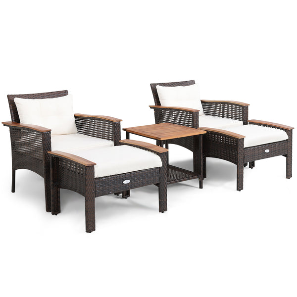 A nicer way to enjoy your outdoor leisure time with this 5-piece PE wicker patio furniture set! Â  Including 1 coffee table with an extra storage shelf  2 singles chairs with ergonomic design and 2 ottomans with removable cushions  this 5-piece outdoor co
