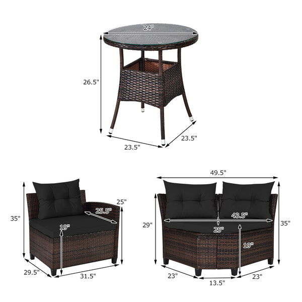 The sturdy and durable steel frame ensures sturdiness of the set<br>Tight and hand-woven rattan can withstand moderate rain or wind<br>Thick and soft cushion with a high-density sponge for your hip and back<br>Cover with the zipper of the seat cushion is 
