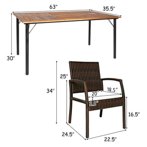 PE wicker and powder-coated steel frame ensure weather resistance<br>High-quality acacia wood enhances the sturdiness<br>Plastic foot pads protect the floor from scratches<br>Spacious table and 6 seats can fully meet the needs<br>Ergonomic armchair with b
