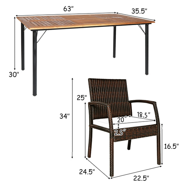PE wicker and powder-coated steel frame ensure weather resistance<br>High-quality acacia wood enhances the sturdiness<br>Plastic foot pads protect the floor from scratches<br>Spacious table and 6 seats can fully meet the needs<br>Ergonomic armchair with b