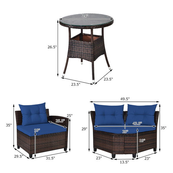 The sturdy and durable steel frame ensures sturdiness of the set<br>Tight and hand-woven rattan can withstand moderate rain or wind<br>Thick and soft cushion with a high-density sponge for your hip and back<br>Cover with the zipper of the seat cushion is 