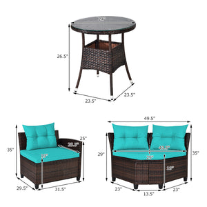 The sturdy and durable steel frame ensures sturdiness of the set<br>Tight and hand-woven rattan can withstand moderate rain or wind<br>Thick and soft cushion with a high-density sponge for your hip and back<br>Cover with the zipper of the seat cushion is 