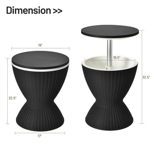 The retractable tabletop is fixed tightly by the knob <br>Flexible adjustment of 22.5'' and 32.5'' <br>Multiple uses as a patio side table and an ice bucket <br>8 gal capacity to store various drinks and snacks <br>Drainage hole with a plug for easy clean