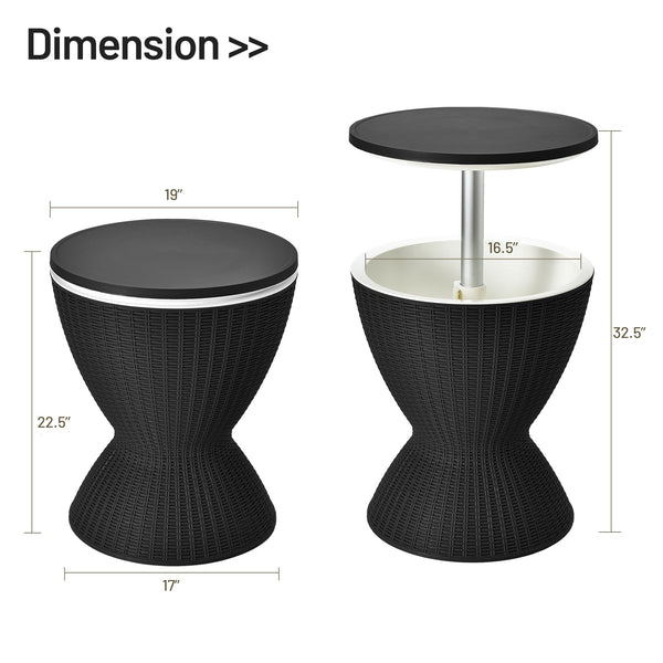 The retractable tabletop is fixed tightly by the knob <br>Flexible adjustment of 22.5'' and 32.5'' <br>Multiple uses as a patio side table and an ice bucket <br>8 gal capacity to store various drinks and snacks <br>Drainage hole with a plug for easy clean