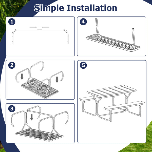 Made of non-toxic and odorless HDPE material to serve for years <br>Smooth surface with the natural wood grain to be a great addition to outdoors <br>Integrated metal frame with high strength to be sturdy without deformation <br>Thick 2 inches table holds
