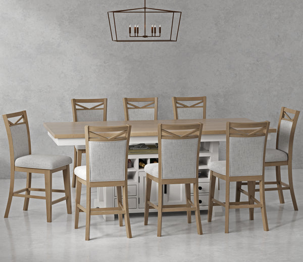 Americana Modern Dining Island Counter Height Table with 8 upholstered chairs