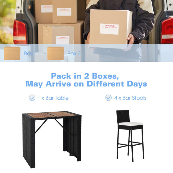 Delivery time may vary per box because of 2 boxes shipment <br>The second box includes all needed screws <br>Space-saving design by tucking bar stools under the table <br>Selected PE wicker for modern appearance and weather resistance <br>Come with solid 