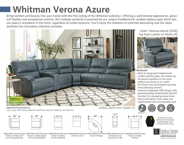 Whitman - Powered By Freemotion Power Cordless Left Arm Facing Recliner - Verona Azure