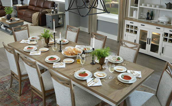 Americana Modern Dining Extendable Trestle Table with 8 Upholstered Chairs