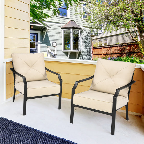 This is the 2-piece patio chairs which will fit your outdoors perfectly. Â  There are 2 thickened and soft cushions for the widened seat and backrest in order to make you comfortable. The hook and loop fasteners prevent seat cushion from blowing away. Lik