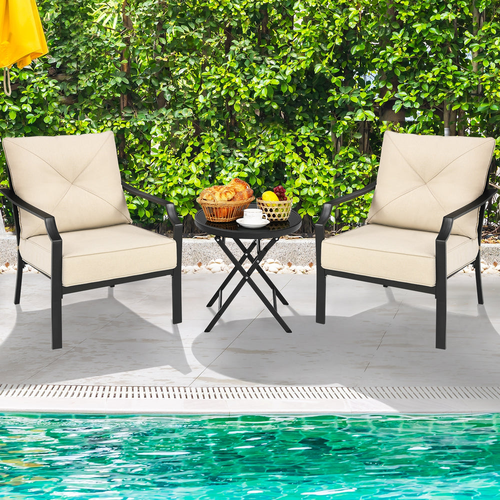 This is the 2-piece patio chairs which will fit your outdoors perfectly. Â  There are 2 thickened and soft cushions for the widened seat and backrest in order to make you comfortable. The hook and loop fasteners prevent seat cushion from blowing away. Lik