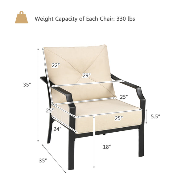 This is the 2-piece patio chairs which will fit your outdoors perfectly. Â  There are 2 thickened and soft cushions for the widened seat and backrest in order to make you comfortable. The hook and loop fasteners prevent seat cushion from blowing away. Lik