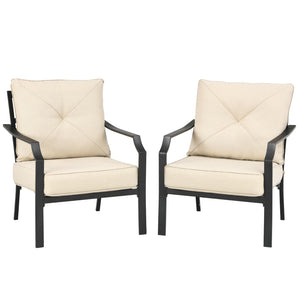 This is the 2-piece patio chairs which will fit your outdoors perfectly. Â  There are 2 thickened and soft cushions for the widened seat and backrest in order to make you comfortable. The hook and loop fasteners prevent seat cushion from blowing away. Lik