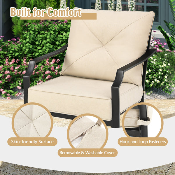 This is the 2-piece patio chairs which will fit your outdoors perfectly. Â  There are 2 thickened and soft cushions for the widened seat and backrest in order to make you comfortable. The hook and loop fasteners prevent seat cushion from blowing away. Lik